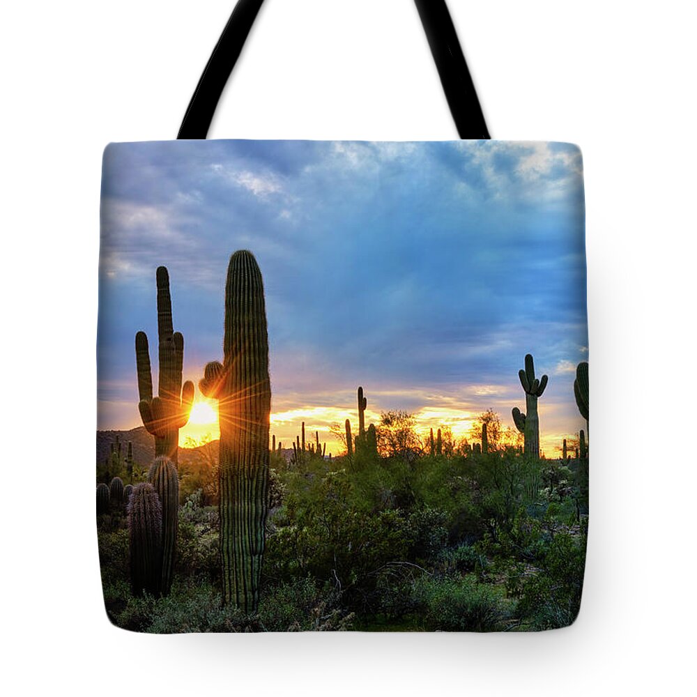 Sunset Tote Bag featuring the photograph Saguaro Desert Sunset by Saija Lehtonen