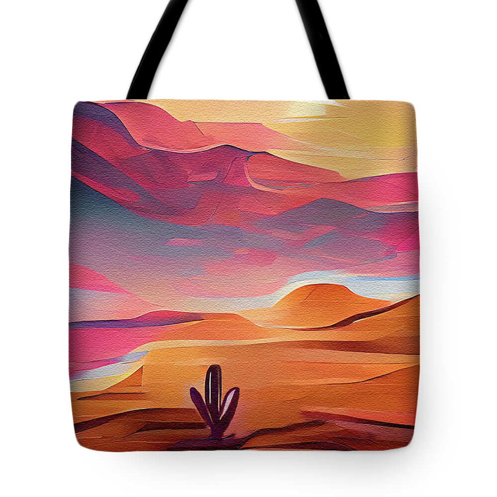 Saguaro Cactus Tote Bag featuring the digital art Saguaro In The Desert Abstract by Deborah League