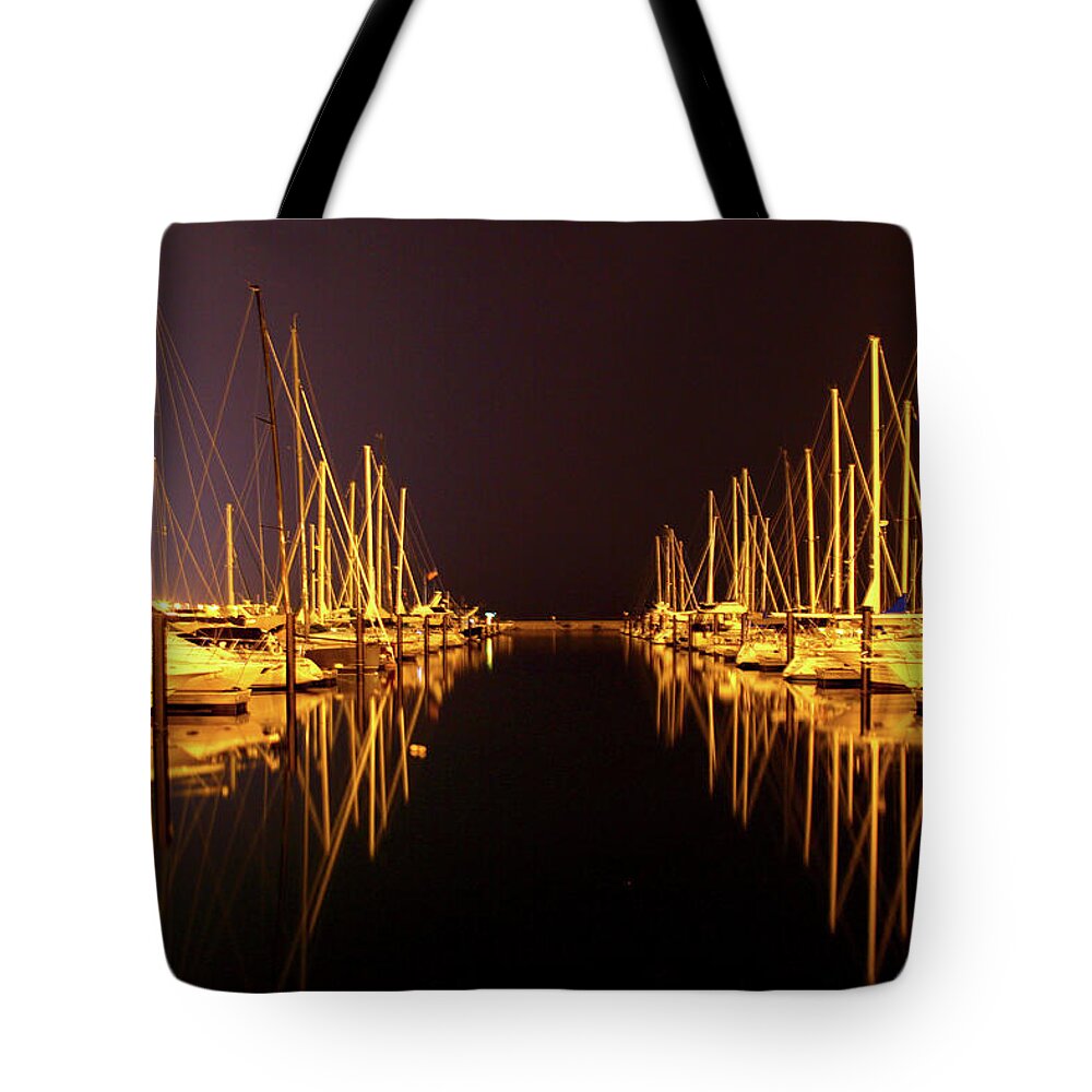 Waterscape Tote Bag featuring the photograph Sail Boat Lights Night Monroe Harbor by Patrick Malon