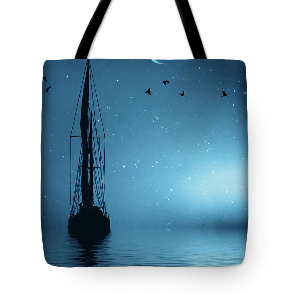 Sailing Tote Bag featuring the photograph Sailboat at Night Surreal with Crescent Moon Silhouetted and Stars by Stephanie Laird