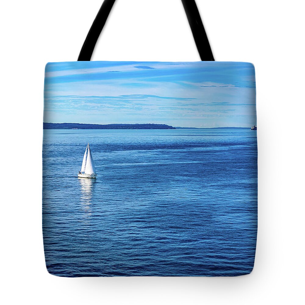 Sailboat Tote Bag featuring the digital art Sailboat in Puget Sound by SnapHappy Photos