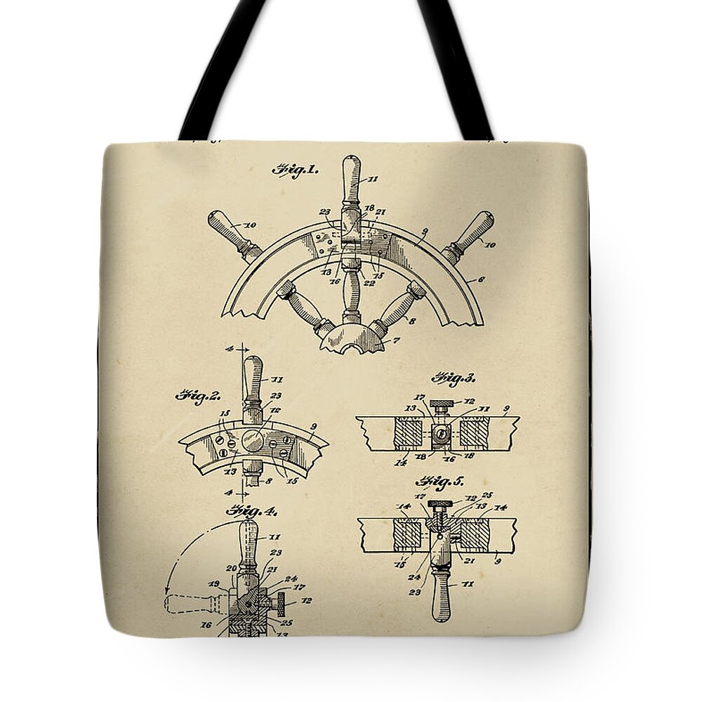 Nautical Patent Tote Bag featuring the digital art Sailboat Steering Wheel Blueprint Patent on Aged Paper Nautical Patent Art by Florian Rodarte