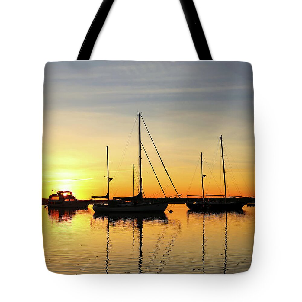 Morro Bay Tote Bag featuring the photograph Sailboat Sunset by Vivian Krug Cotton