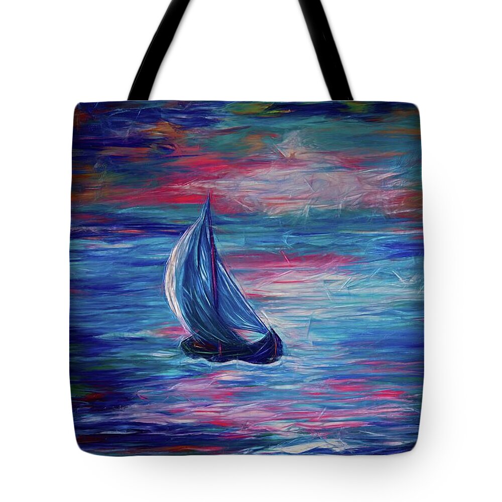Olena Art Tote Bag featuring the painting Sailing Boat Sunrise by OLena Art by Lena Owens - Vibrant DESIGN