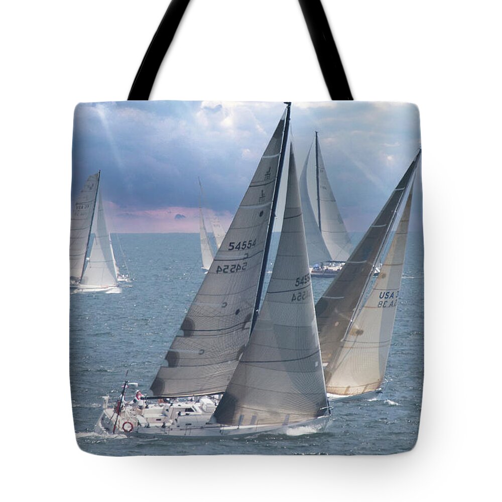 Seascape Tote Bag featuring the photograph Sailing off Marblehead racing to Halifax by Jeff Folger
