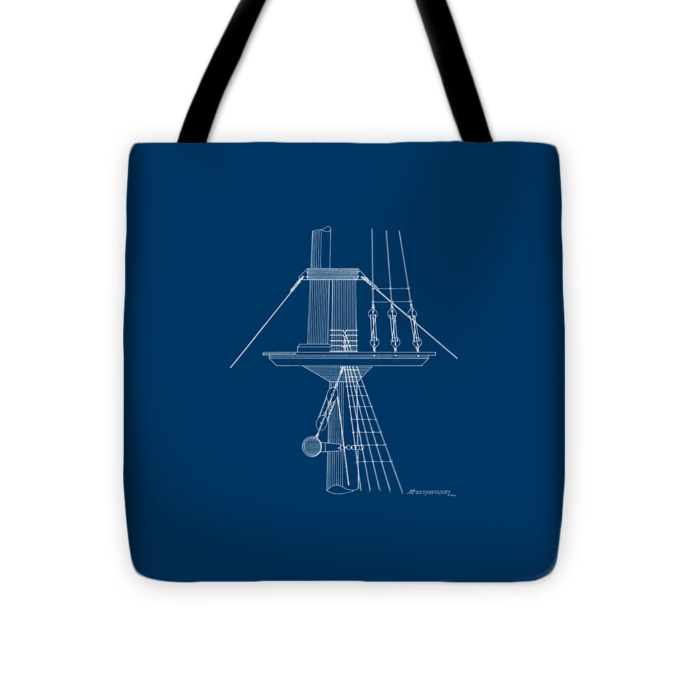 Sailing Vessels Tote Bag featuring the drawing Sailing ship lookout - crow's nest - blueprint by Panagiotis Mastrantonis