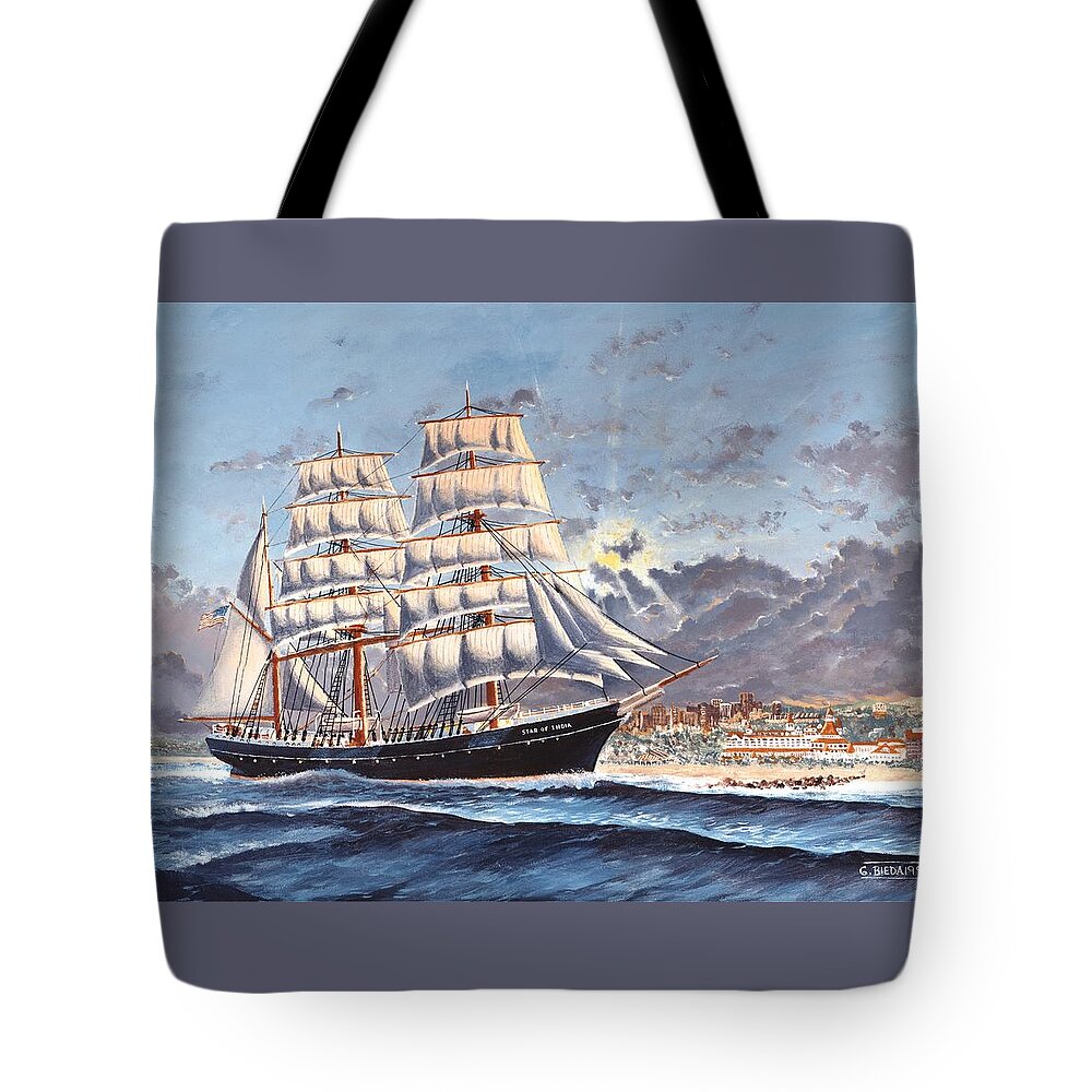 Sailing Ship Star Of India; 3 Masted Bark; Coronado; San Diego; California Tote Bag featuring the digital art Sailing Ship Star of India off Coronado by George Bieda