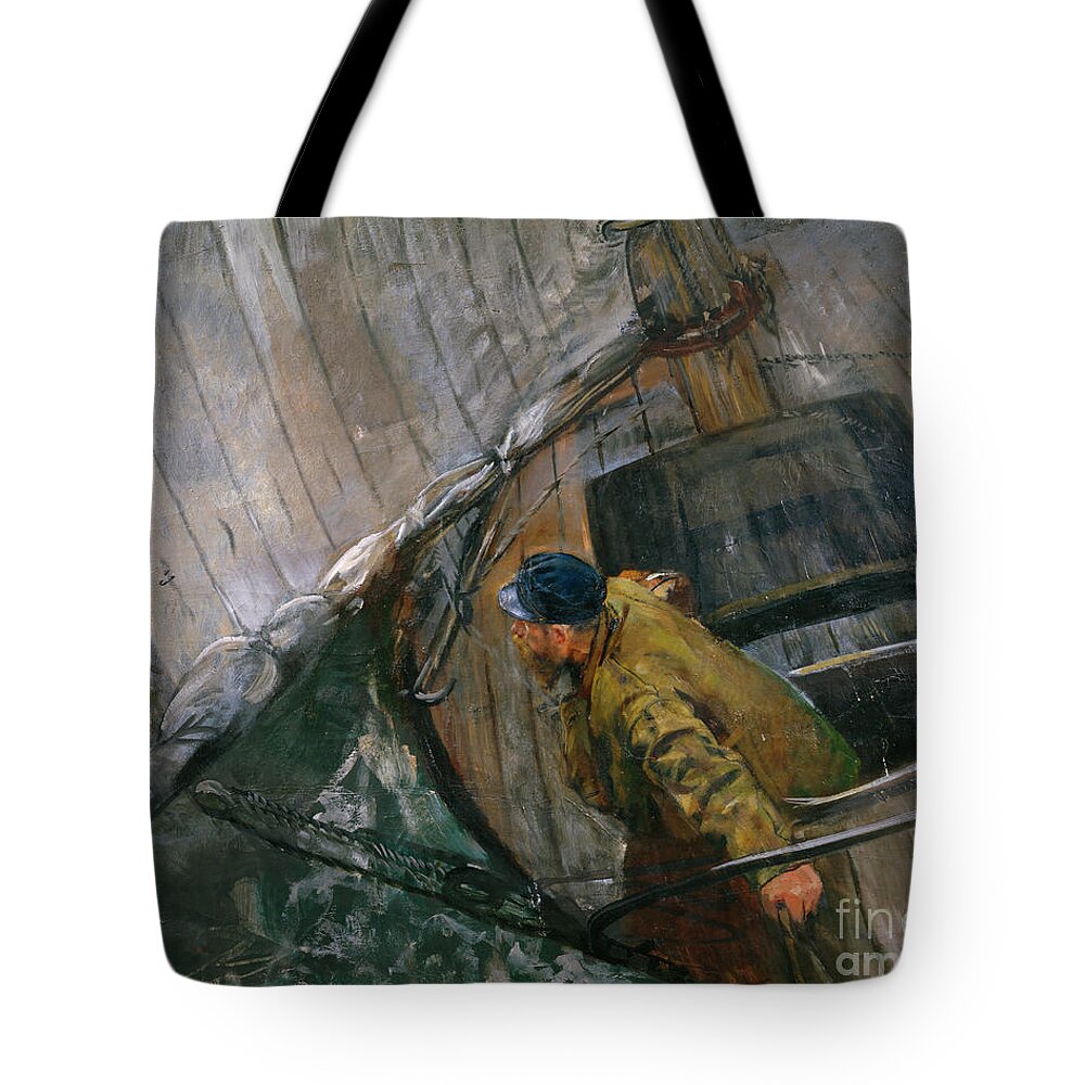 Christian Krohg Tote Bag featuring the painting Sailing with reef sails by O Vaering by Christian Krohg