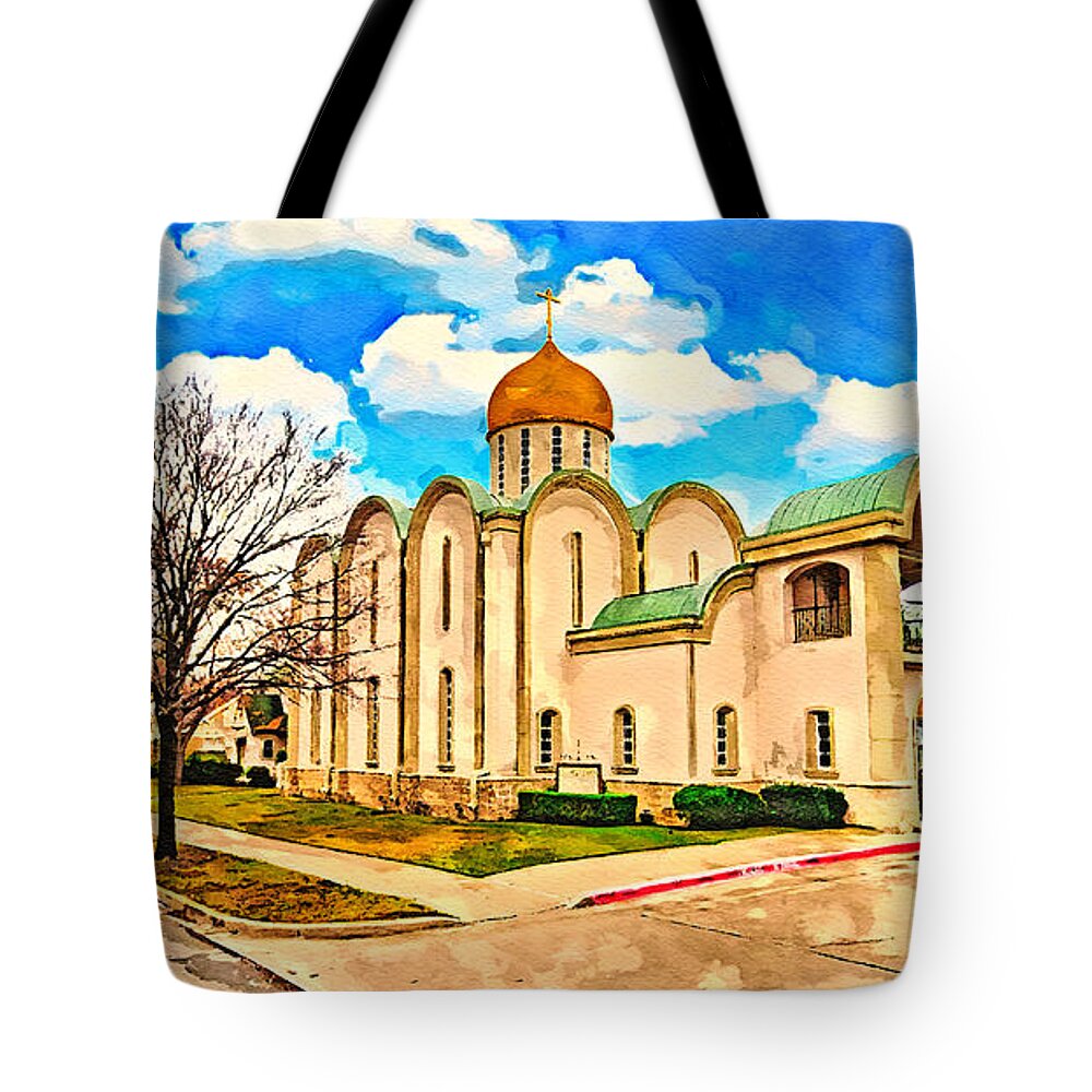 Saint Seraphim Cathedral Tote Bag featuring the digital art Saint Seraphim Cathedral in Dallas, Texas - watercolor painting by Nicko Prints