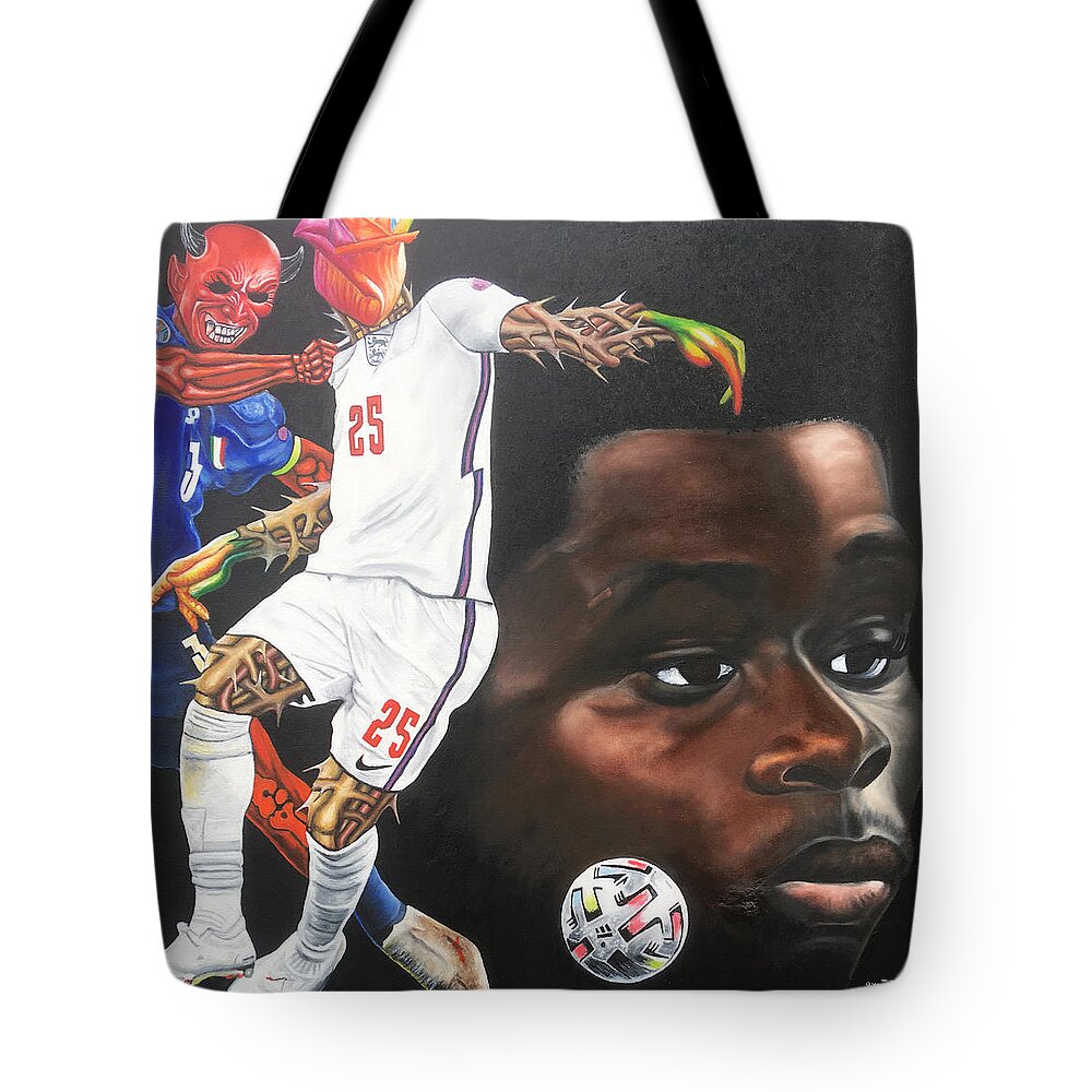 Arsenal Player Tote Bag featuring the painting SAKA Euro2020 Hero by O Yemi Tubi