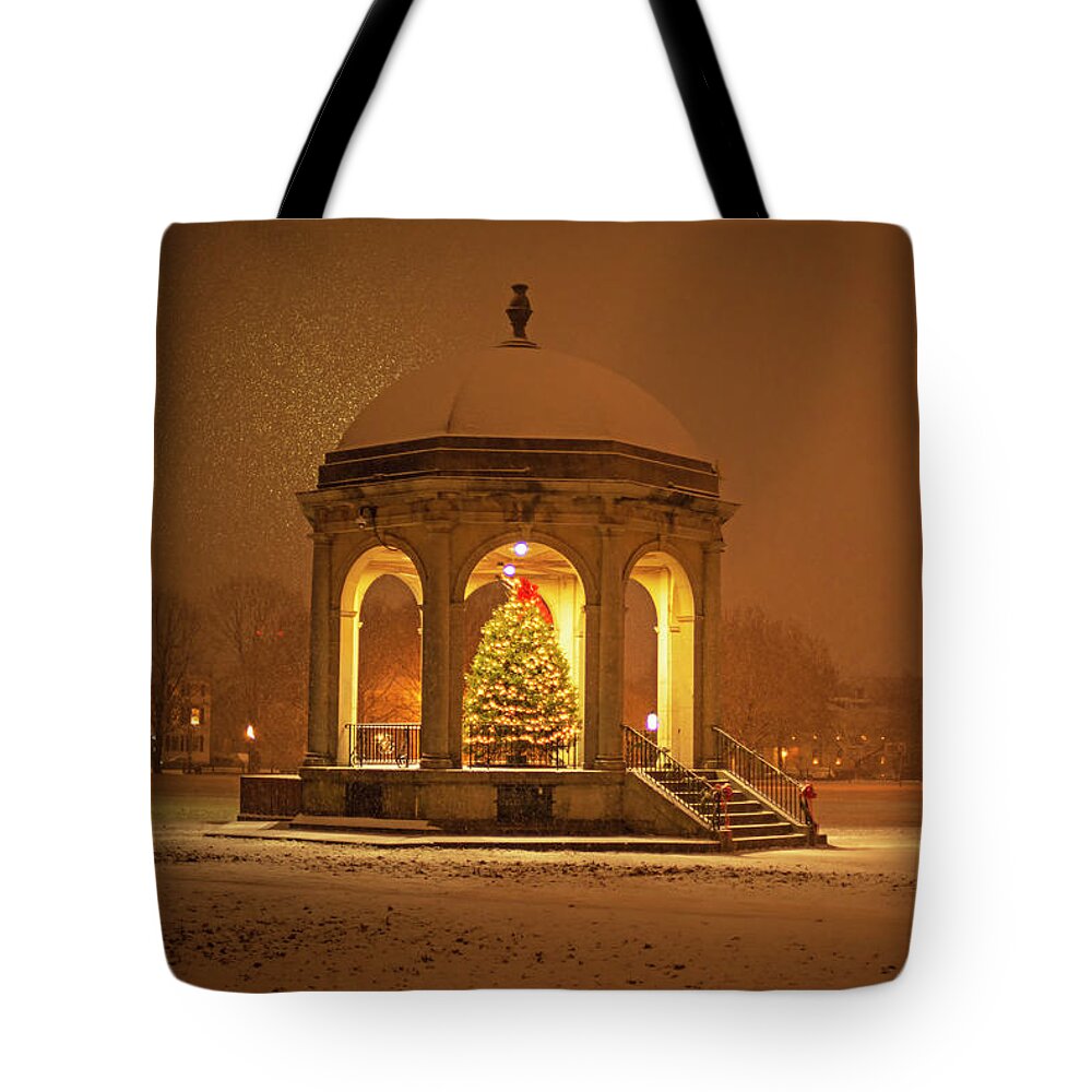 Salem Tote Bag featuring the photograph Salem Common Bandstand Christmas Tree in Snow by Toby McGuire