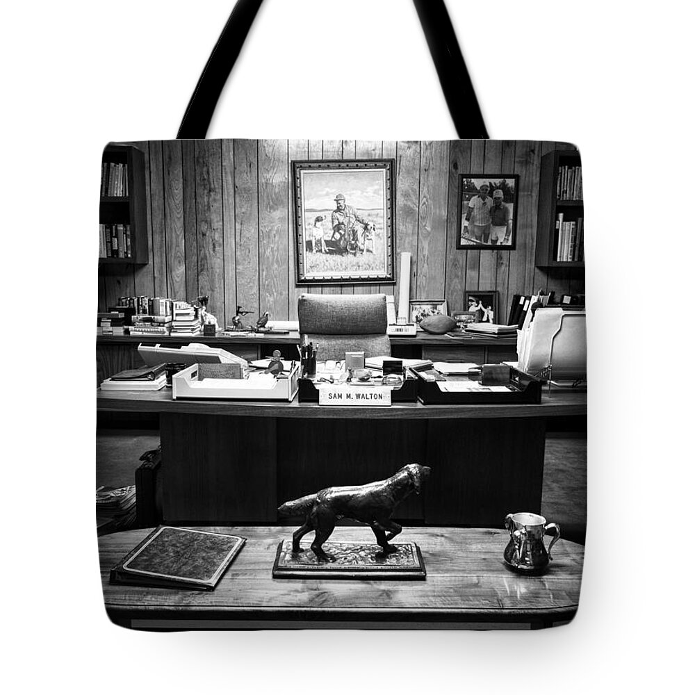 Sam Walton Tote Bag featuring the photograph Sam Walton Office BW by Buck Buchanan