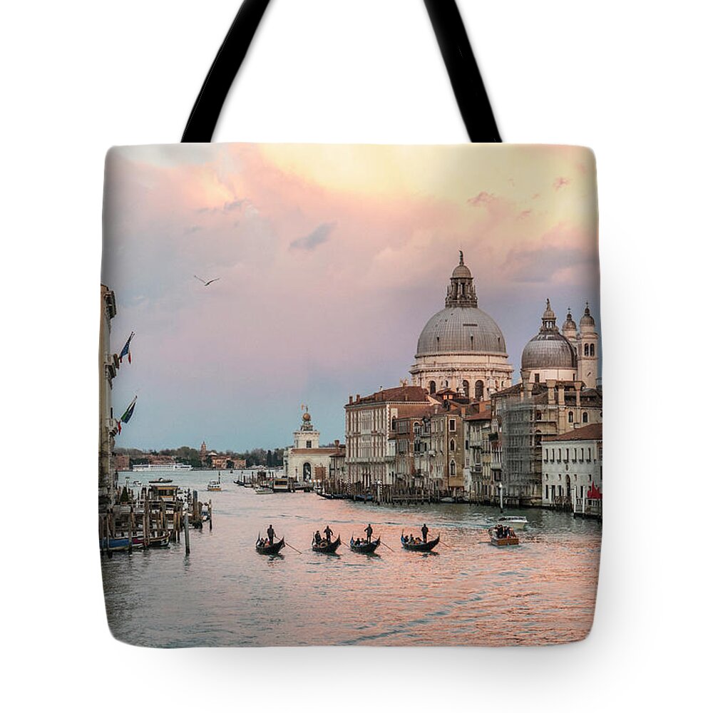 Fine Art Tote Bag featuring the photograph Sam_0343 - Four gondolas in the Sunset on the Gran Canal, Venice by Marco Missiaja