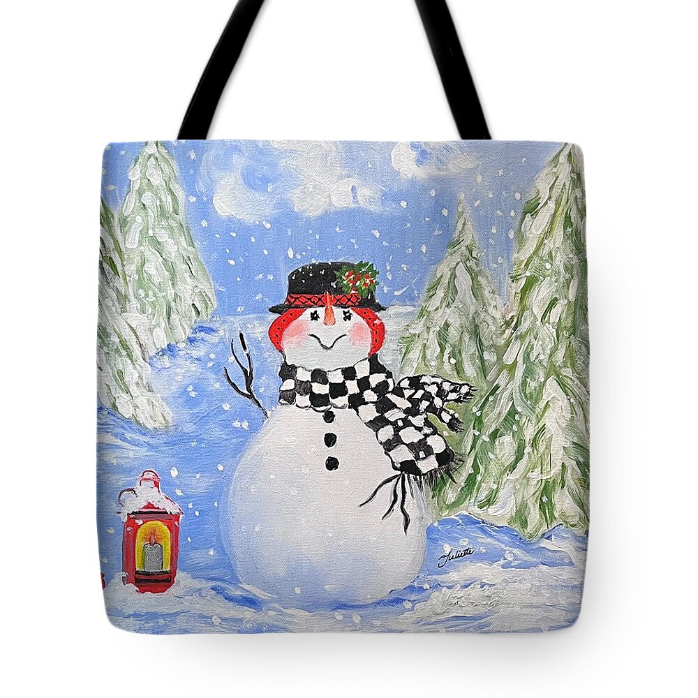 Snowman Tote Bag featuring the painting Sammy the Snowman by Juliette Becker