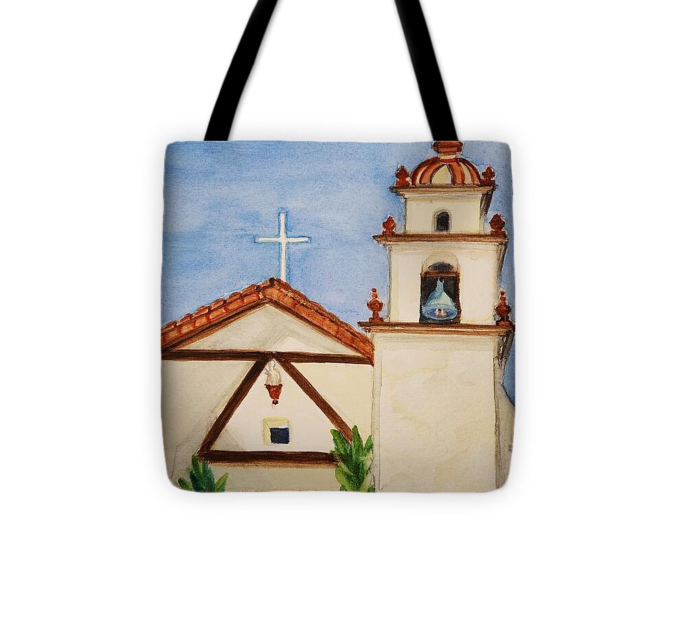 Ventura Tote Bag featuring the painting San Buenaventura Mission by M Carlen