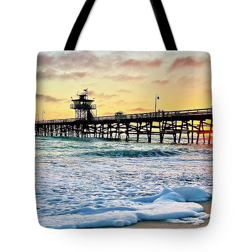 Sunset Tote Bag featuring the photograph San Clemente Pier at Sunset by Brian Eberly