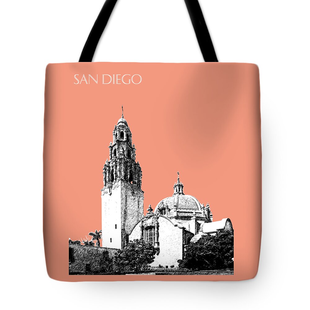 Architecture Tote Bag featuring the digital art San Diego Skyline Balboa Park - Salmon by DB Artist