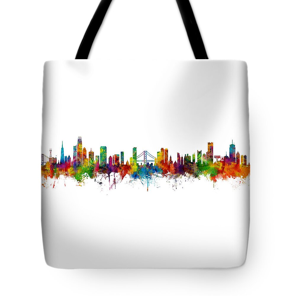 Boston Tote Bag featuring the digital art San Francisco and Boston Skylines Mashup by Michael Tompsett