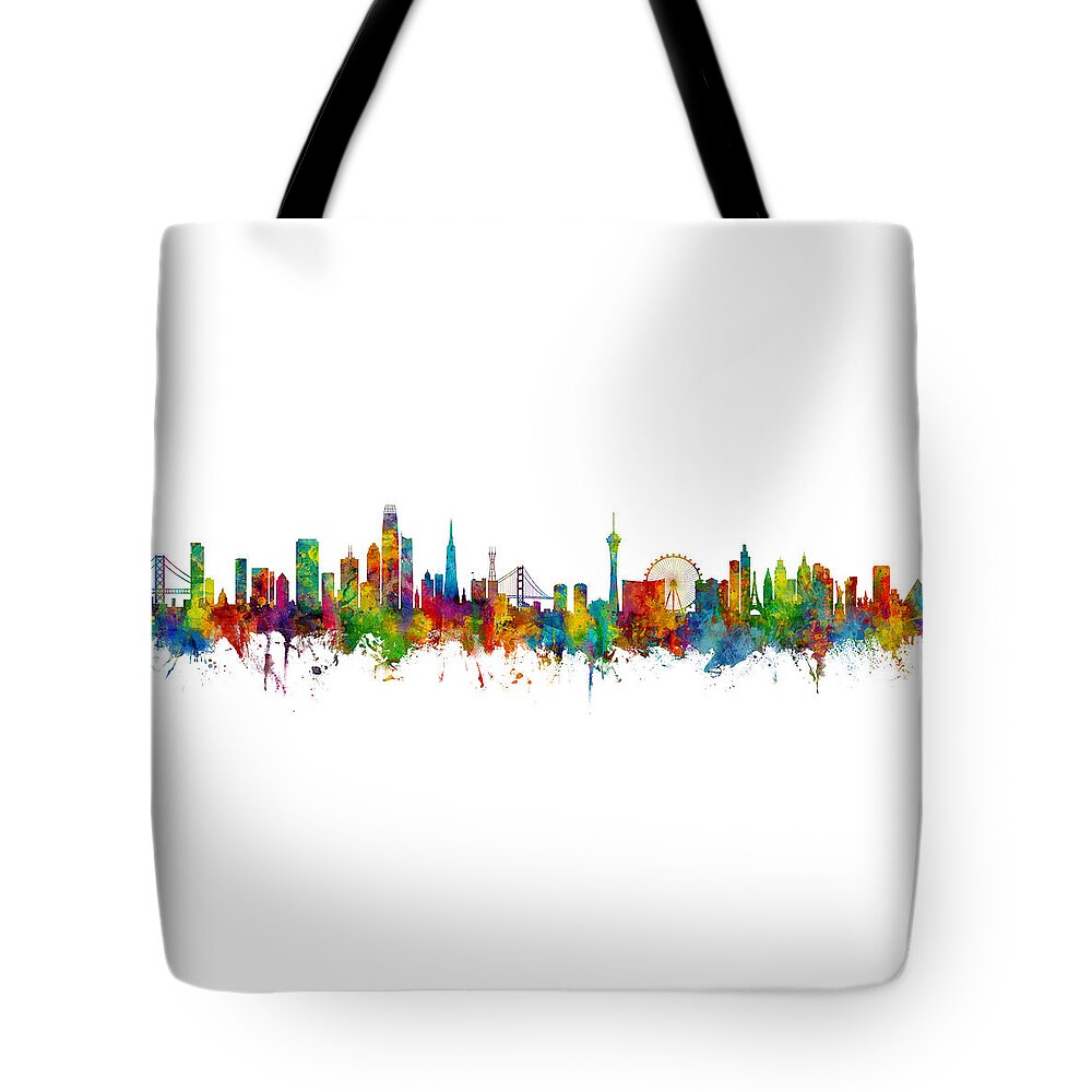 Las Vegas Tote Bag featuring the digital art San Francisco and Las Vegas Skyline Mashup by Michael Tompsett