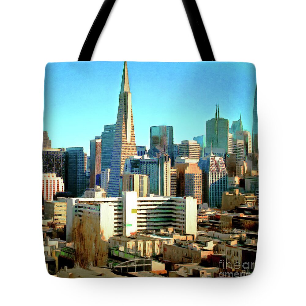 Wingsdomain Tote Bag featuring the photograph San Francisco Downtown Financial District Cityscape Panorama With Bay Bridge R1814 Painterly Square by Wingsdomain Art and Photography