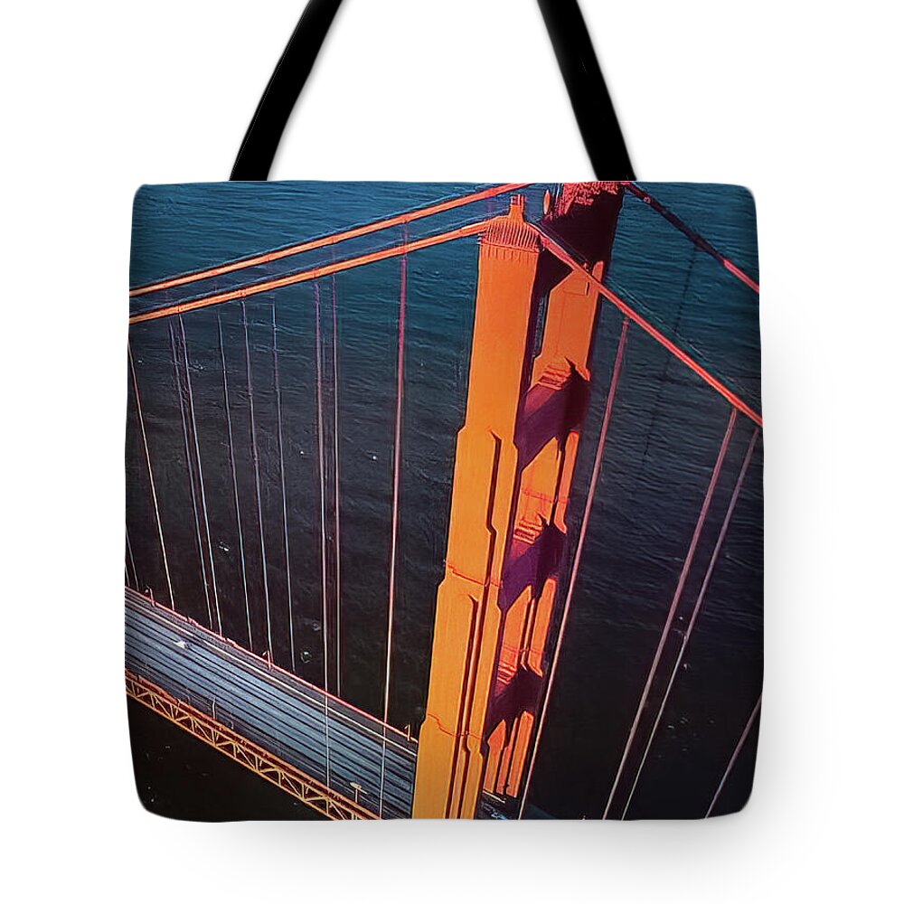 Bridge Tote Bag featuring the drawing San Francisco Golden Gate Bridge Travel Poster by M G Whittingham