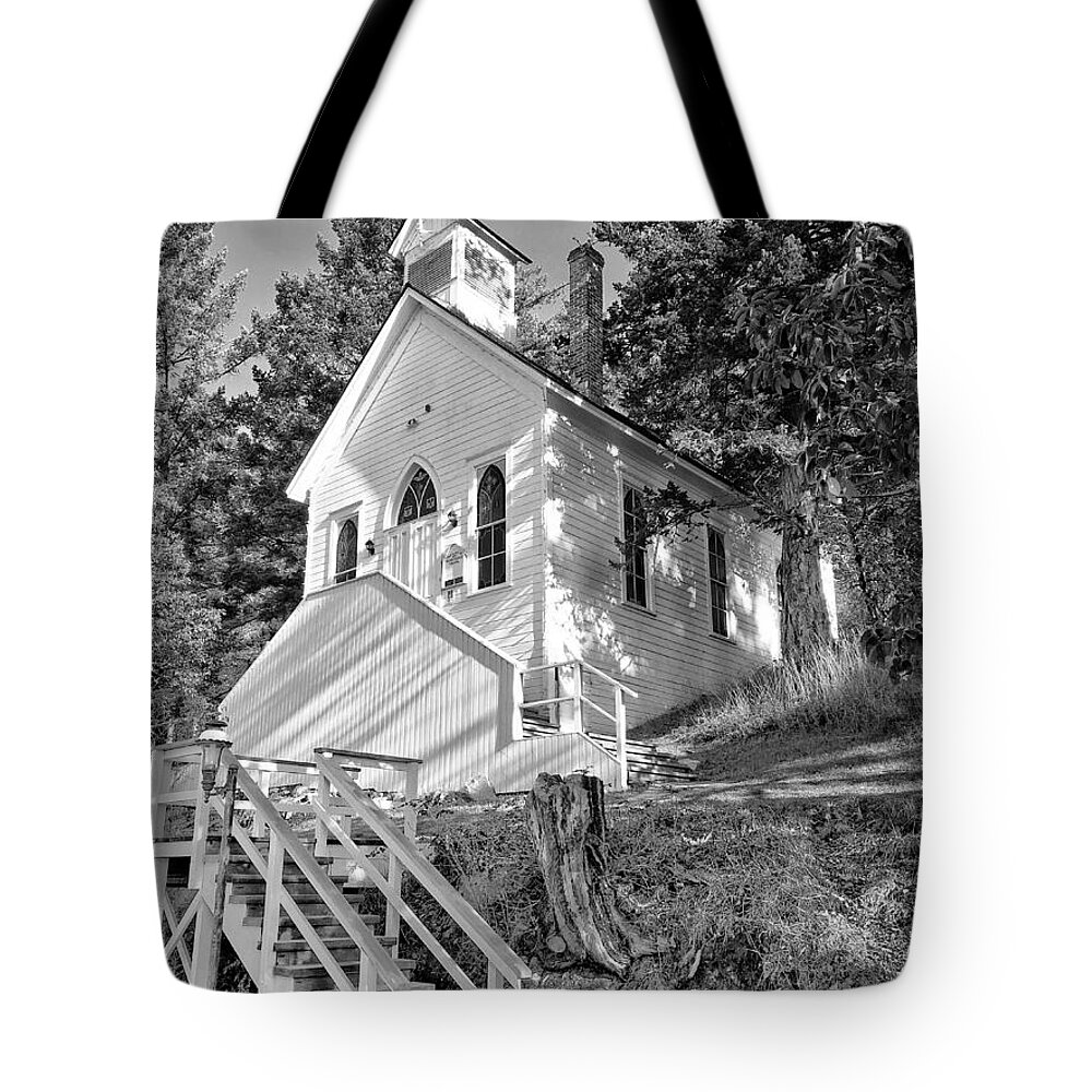 Church Tote Bag featuring the photograph San Juan Island Chapel bw by Jerry Abbott