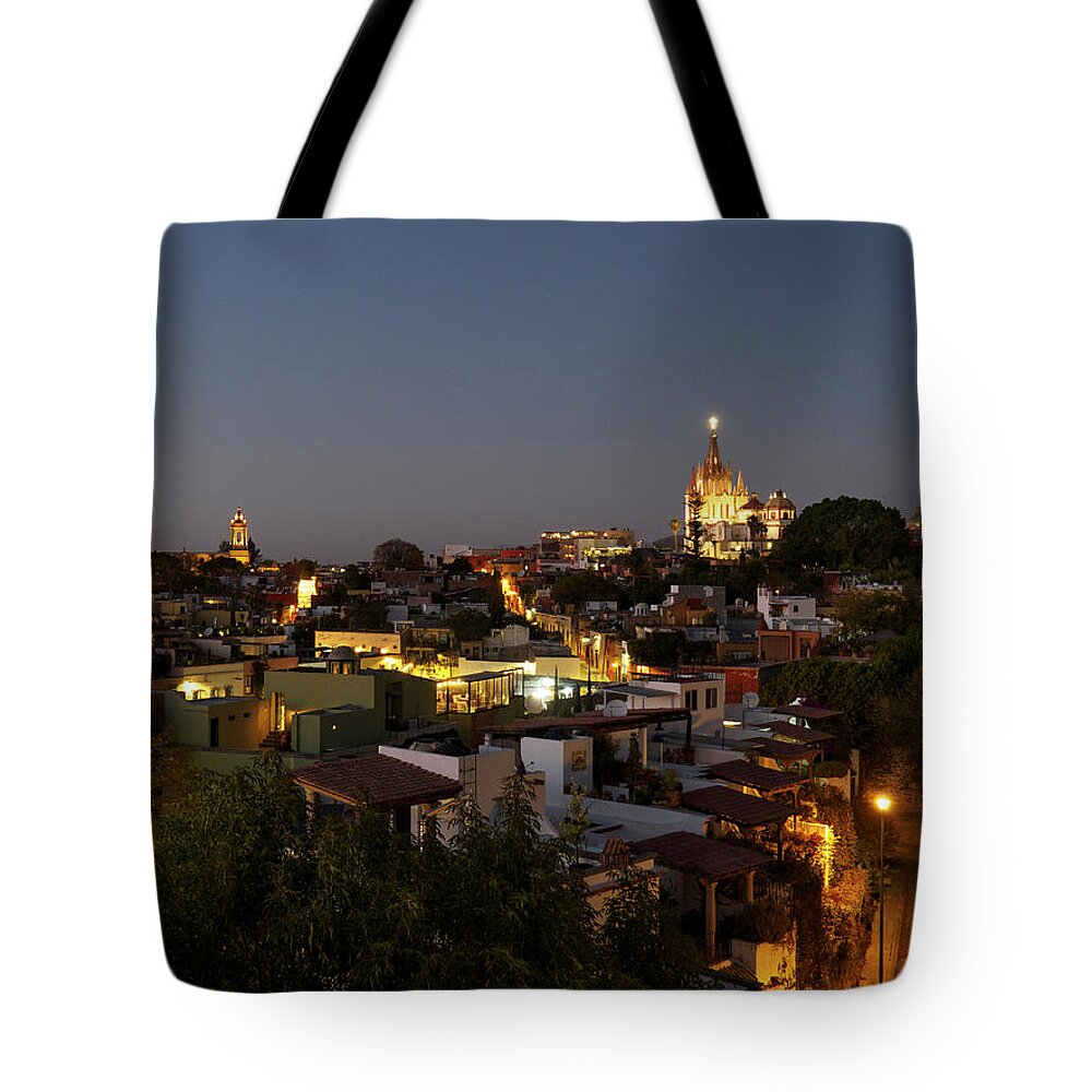 Mexico Tote Bag featuring the photograph San Miguel de Allende Night Skyline by Mary Lee Dereske