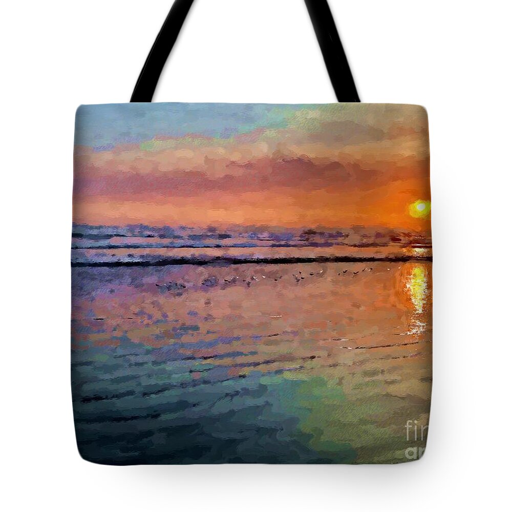 Sunset Tote Bag featuring the photograph Sand Pipers at Sunset Painted by Katherine Erickson
