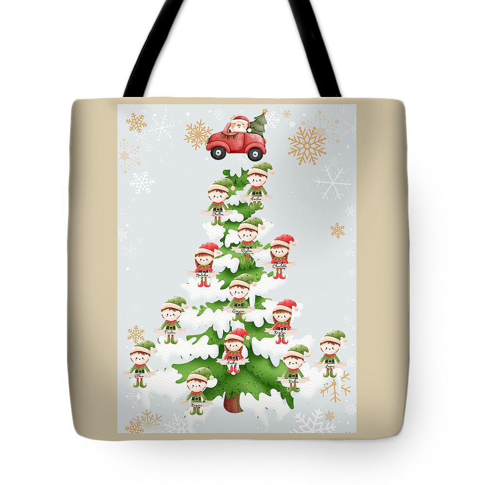 Personalized Elves With Grandkids Names On Christmas Tree With Santa Topper Tote Bag featuring the digital art Santa and his Elves by Alexis King-Glandon