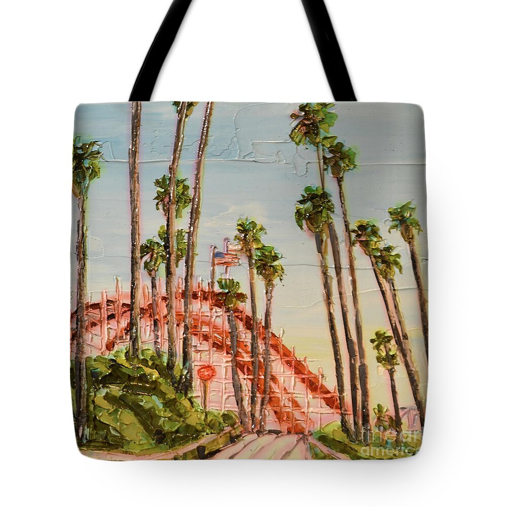 Santa Cruz Tote Bag featuring the painting Santa Cruz Coaster Palms by PJ Kirk