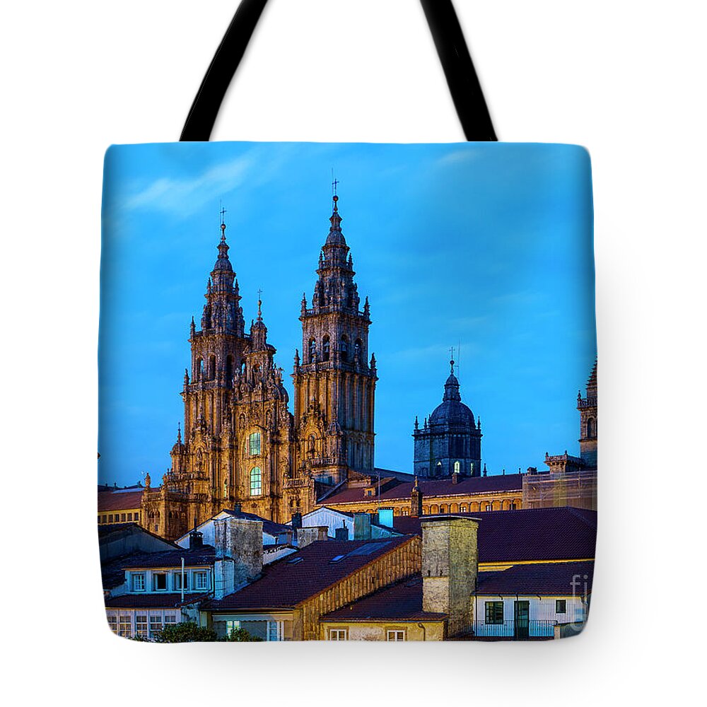 Way Tote Bag featuring the photograph Santiago de Compostela Cathedral Spectacular View by Night and Tiled Roofs La Coruna Galicia by Pablo Avanzini