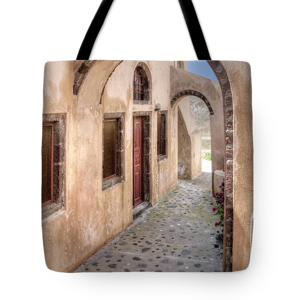 Architecture Tote Bag featuring the photograph Santorini Courtyard by Sandra Bronstein