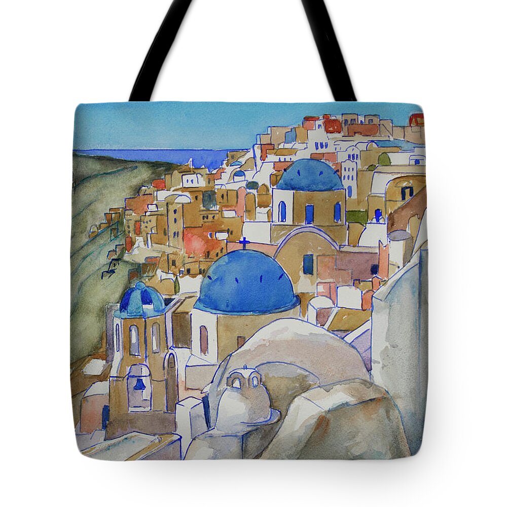 Santorini Tote Bag featuring the painting Santorini blue domed churches by David Hardesty