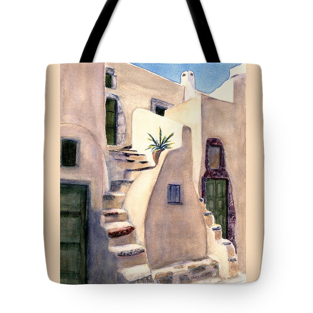 Santorini Greece Tote Bag featuring the painting Santorini Emporio Village Steps by Carlin Blahnik CarlinArtWatercolor
