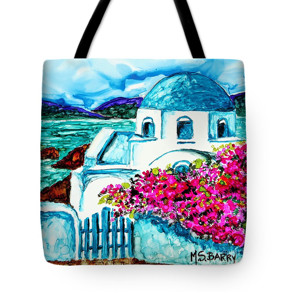 Greek Island Tote Bag featuring the painting Santorini by Maria Barry
