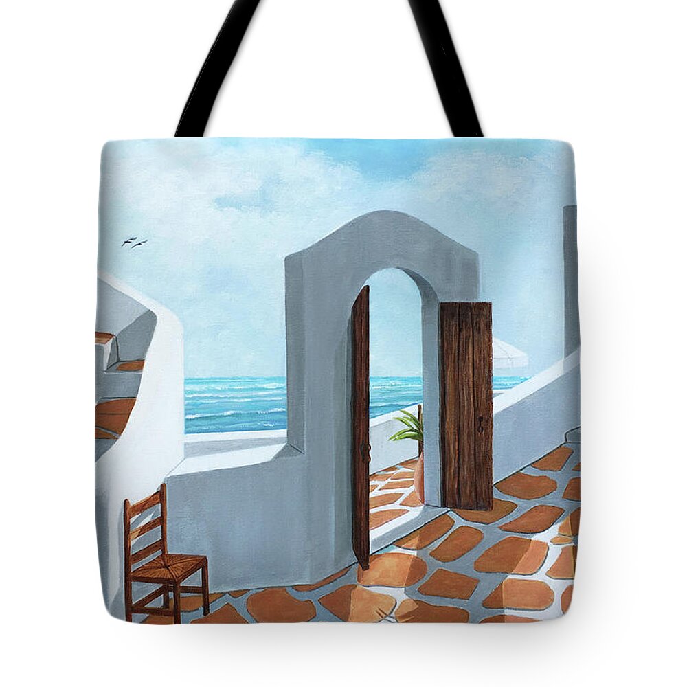 Santorini Tote Bag featuring the painting SANTORINI VIEW - Original Oil Painting and Prints by Mary Grden