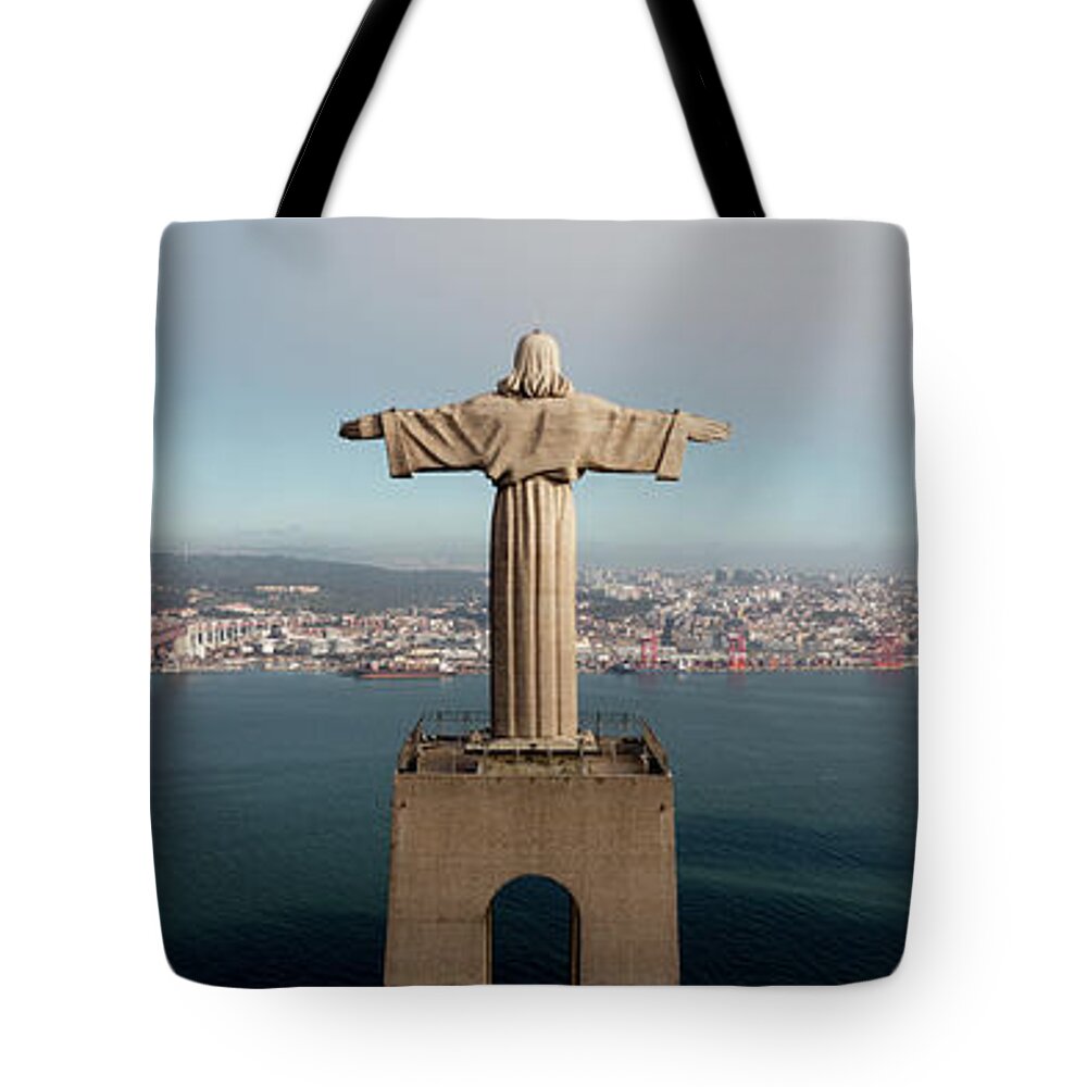 Panoramic Tote Bag featuring the photograph Santuario de Cristo Rei Aerial Lisbon Portugal by Sonny Ryse