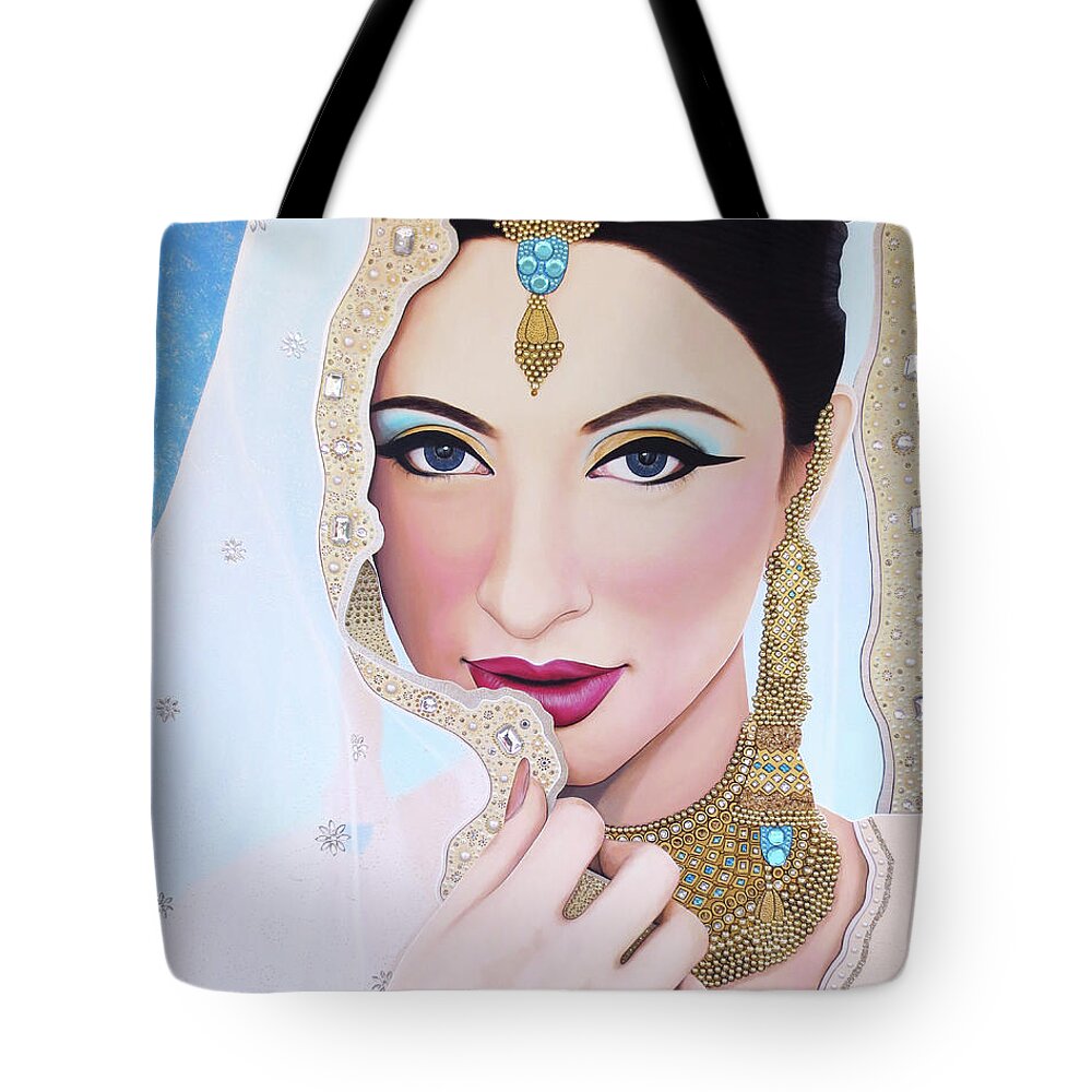 Art Tote Bag featuring the painting Sapphire Indian Bride by Malinda Prud'homme