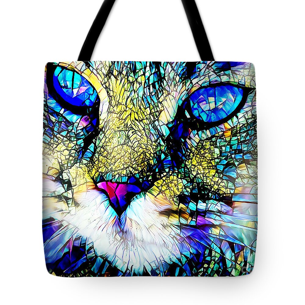 Wingsdomain Tote Bag featuring the photograph Sapphire The Opulent Cat in Contemporary Vibrant Colors 20200926 v3 by Wingsdomain Art and Photography
