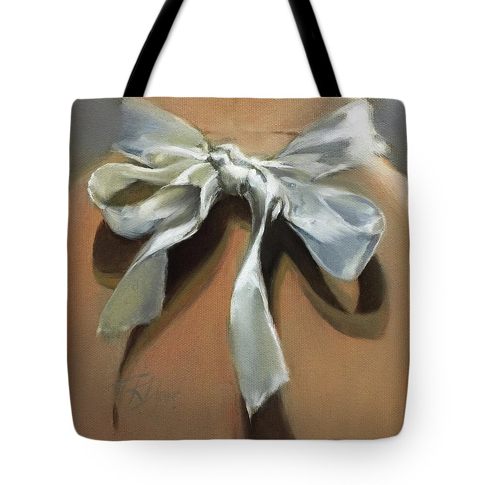 White Satin Bow Tote Bag featuring the painting Satin Bow by Roxanne Dyer
