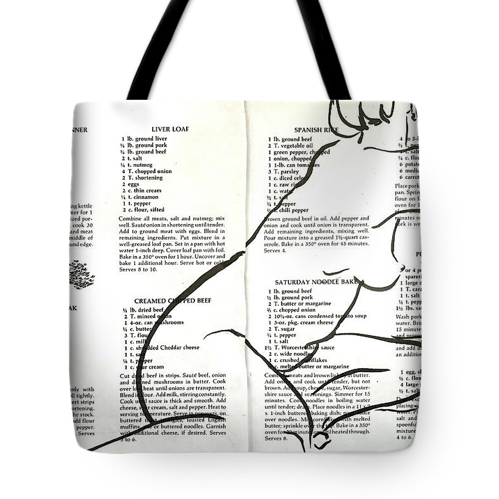 Sumi Ink Tote Bag featuring the drawing Saturday Noodle Bake by M Bellavia