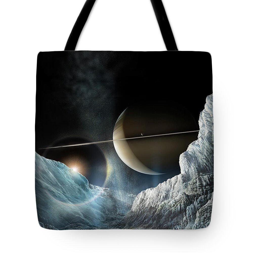 Space Tote Bag featuring the painting Saturn seen from Enceladus v2 by Don Dixon