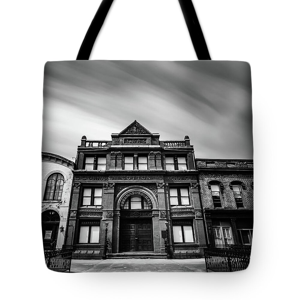 Savannah Tote Bag featuring the photograph Savannah Cotton Exchange Black and White by Kenny Thomas