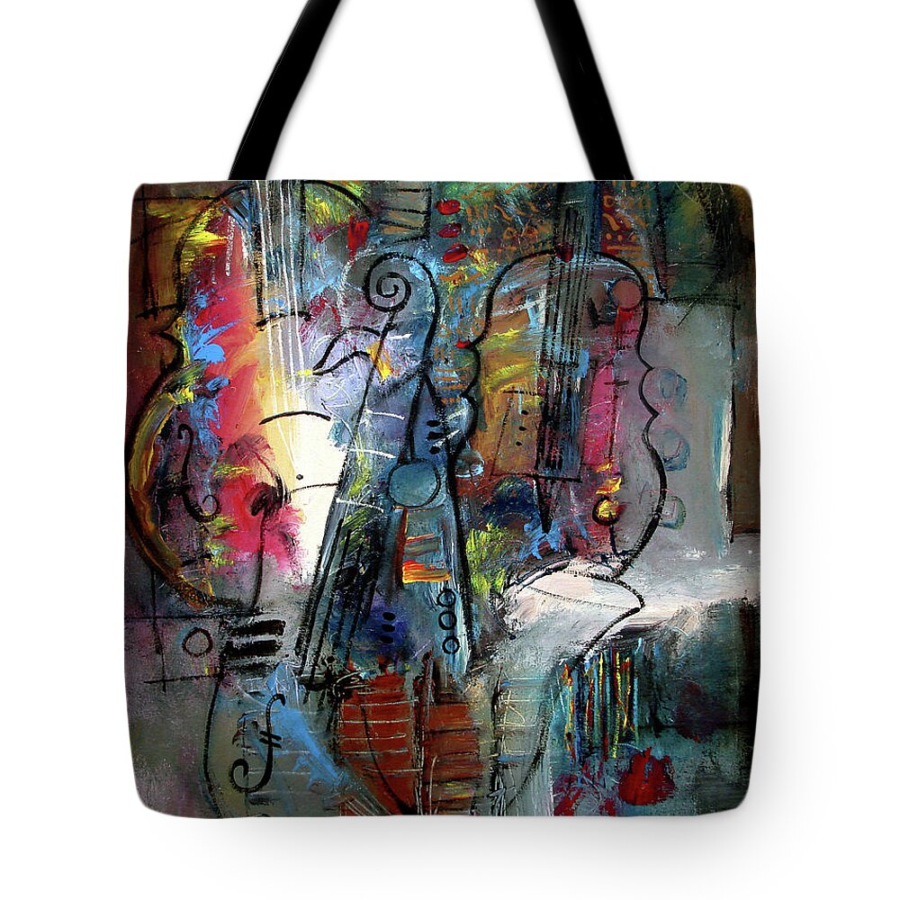 Music Tote Bag featuring the painting Saxophone Infusion by Jim Stallings