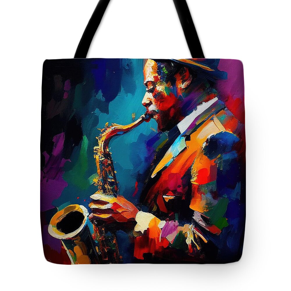 Figurative Tote Bag featuring the painting Saxophone Player by My Head Cinema