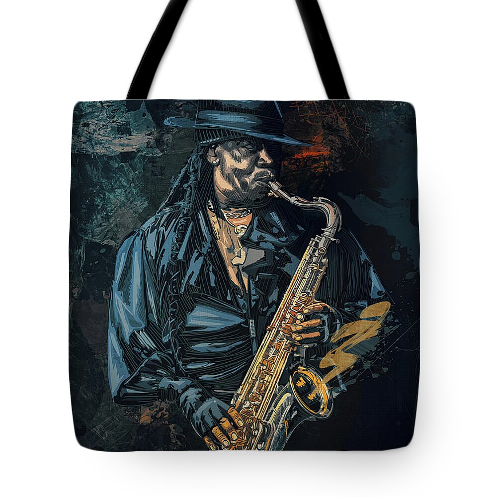 Clarence Tote Bag featuring the digital art Saxophonist, by Andrzej Szczerski