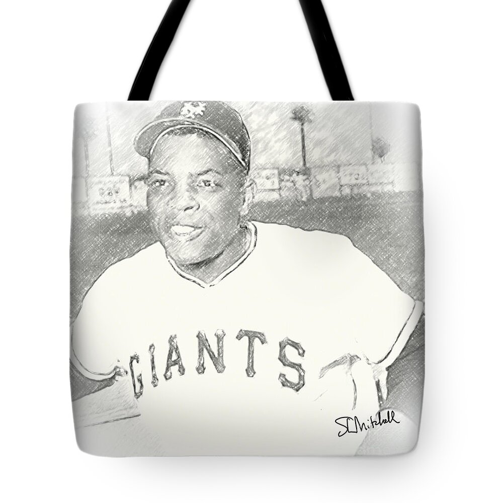 Willie Mays Tote Bag featuring the drawing Say Hey by Steve Mitchell