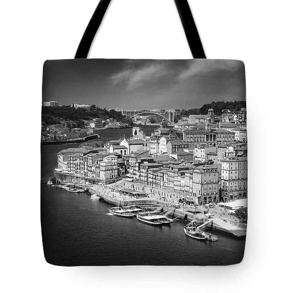 Porto Tote Bag featuring the photograph Scenes of Old Porto Portugal Black and White by Carol Japp
