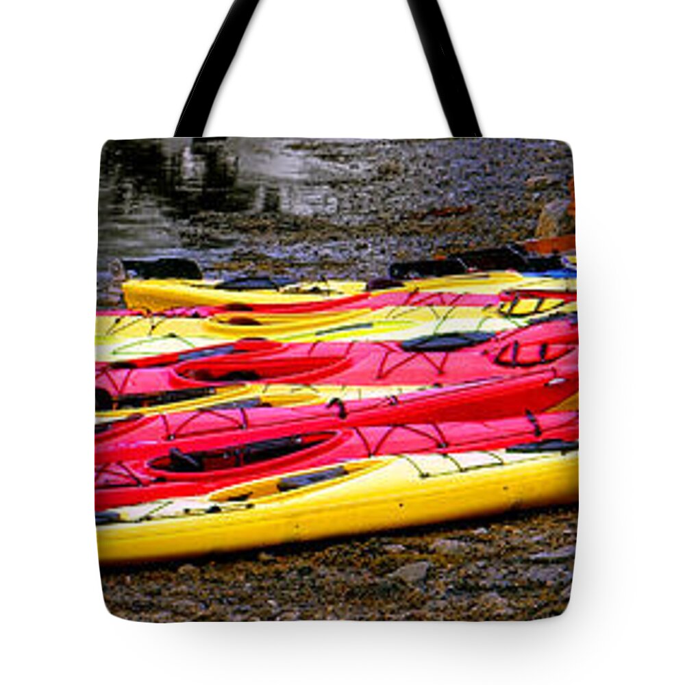 Kayaks Tote Bag featuring the photograph School of Kayaks by Olivier Le Queinec