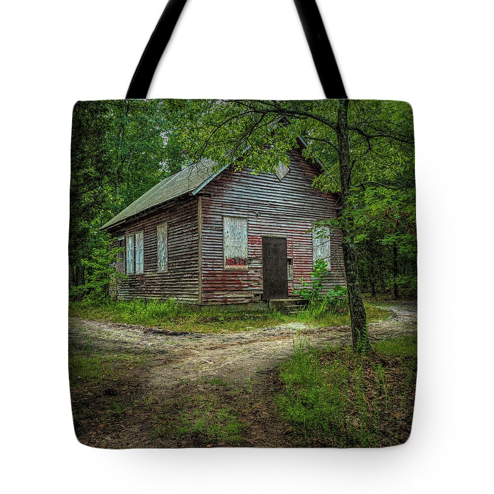 Atsion Tote Bag featuring the photograph Schoolhouse In The Woods by Kristia Adams
